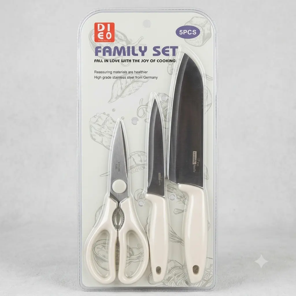 ست ۵ پارچه چاقو و قیچی آشپزخانه DI EO مدل Family Set دسته سفید کد ۹۵