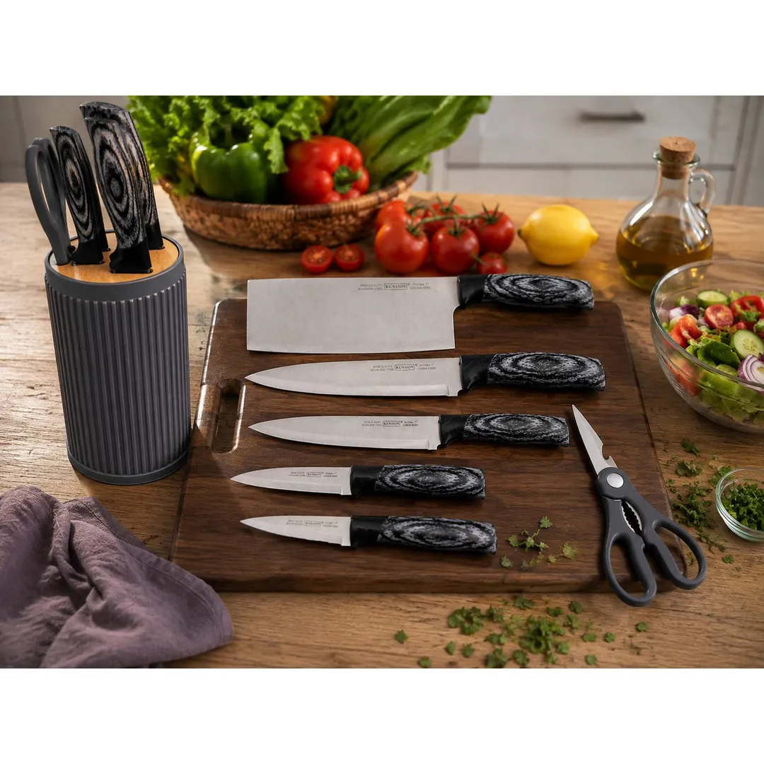 سرویس چاقوی آشپزخانه ۷ پارچه کانسین مدل KUNSION طرح دسته چوبی با پایه استوانه‌ای کد 83