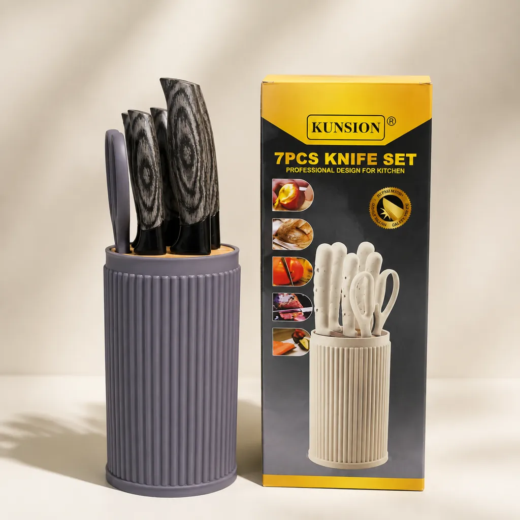 سرویس چاقوی آشپزخانه ۷ پارچه کانسین مدل KUNSION طرح دسته چوبی با پایه استوانه‌ای کد 83