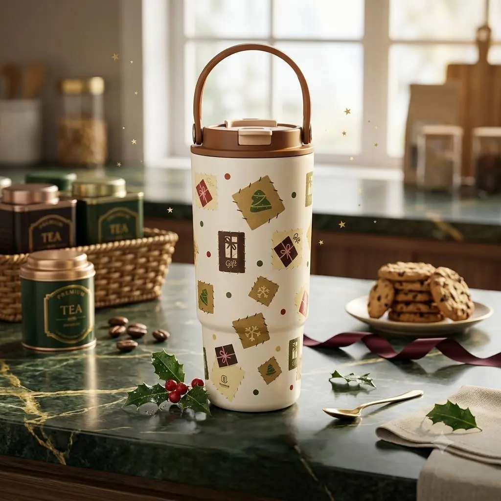 تراولماگ فانتزی طرح Gift Pattern ظرفیت ۸۸۰ میل دستهدار و درب قفلی کد 160